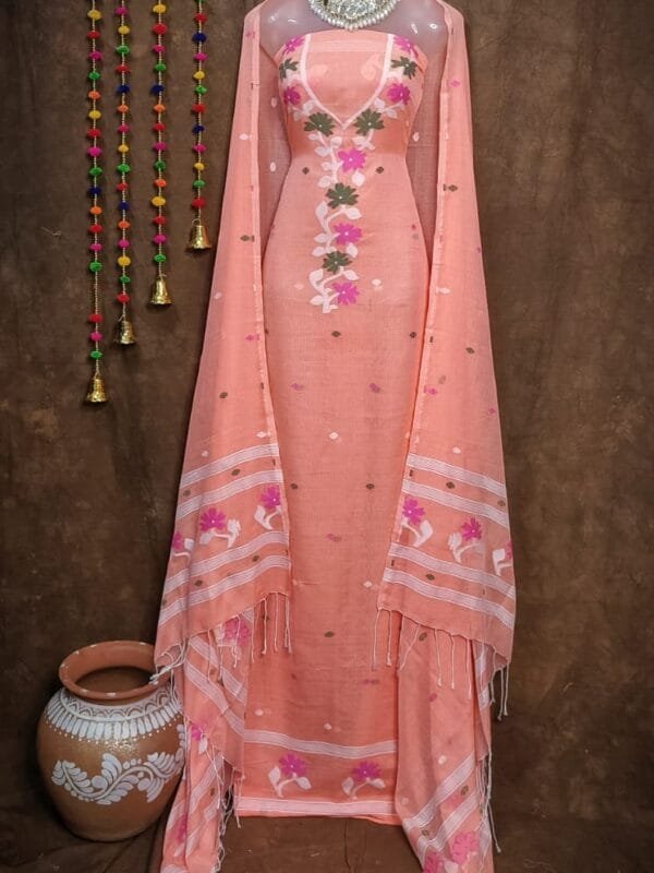 Oleander Dirty Pink Muga Cotton Unstitched Jamdani Suit Set