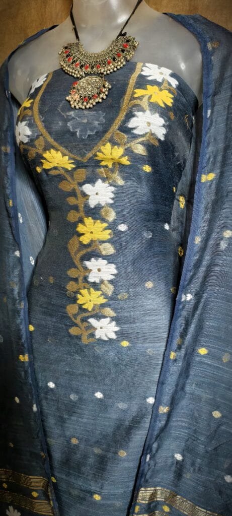 Oleander Dusty Blue Muga Cotton Unstitched Jamdani Suit Set