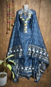 Oleander Dusty Blue Muga Cotton Unstitched Jamdani Suit Set