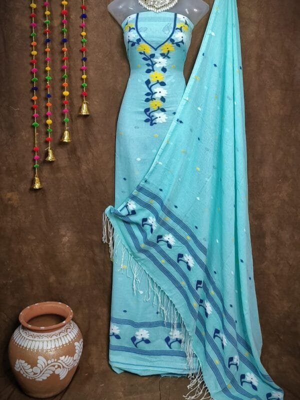 Oleander Ice Blue Muga Cotton Unstitched Jamdani Suit Set
