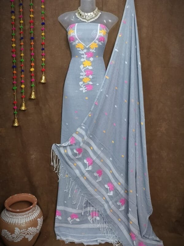 Oleander Light Gray Muga Cotton Unstitched Jamdani Suit Set