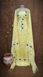Oleander Light Lemon Muga Cotton Unstitched Jamdani Suit Set