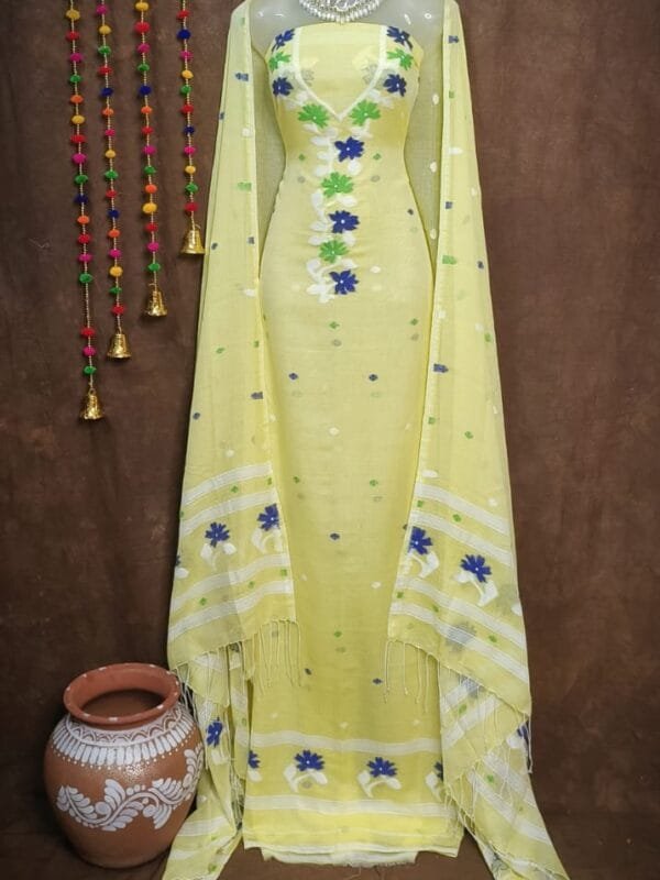 Oleander Light Lemon Muga Cotton Unstitched Jamdani Suit Set