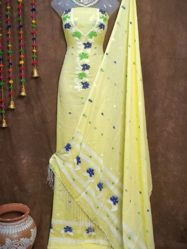 Oleander Light Lemon Muga Cotton Unstitched Jamdani Suit Set