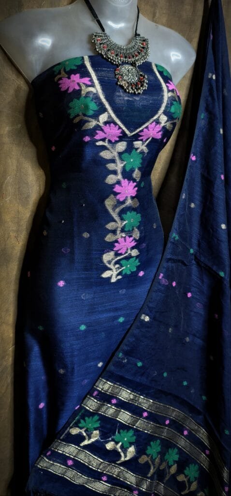 Oleander Navy Blue Muga Cotton Unstitched Jamdani Suit Set