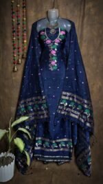 Oleander Navy Blue Muga Cotton Unstitched Jamdani Suit Set
