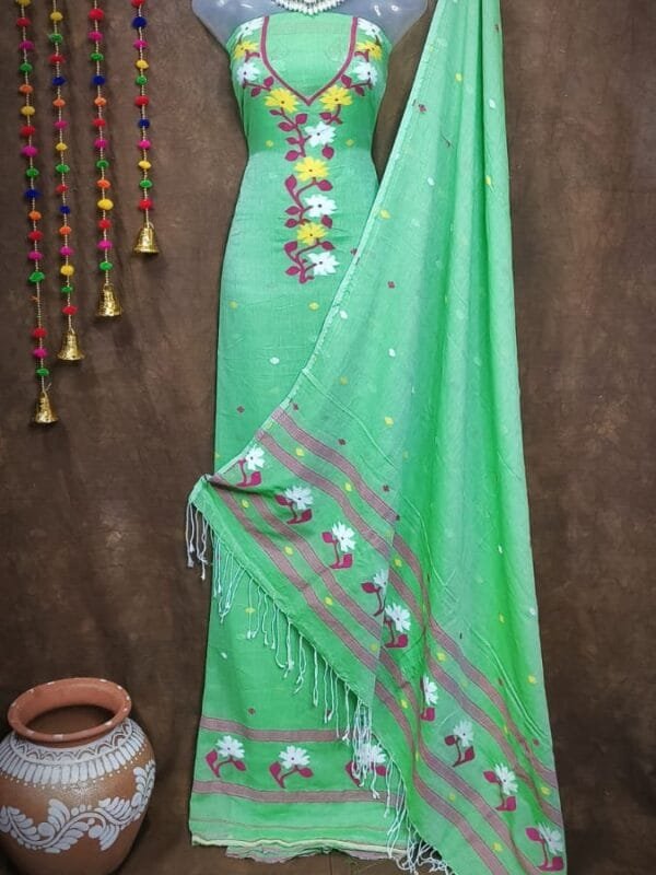 Oleander Paris Green Muga Cotton Unstitched Jamdani Suit Set