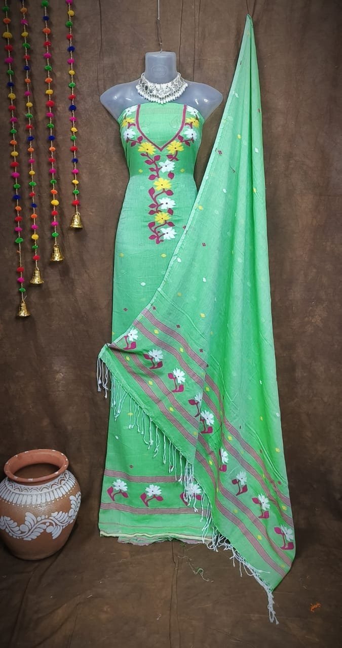 Oleander Paris Green Muga Cotton Unstitched Jamdani Suit Set