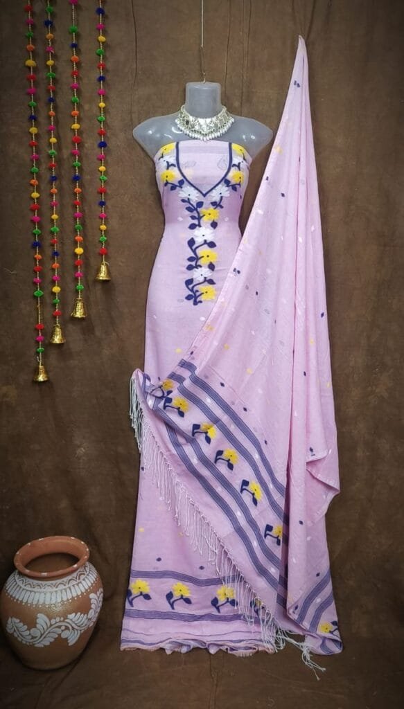 Oleander Pastel Purple Muga Cotton Unstitched Jamdani Suit Set