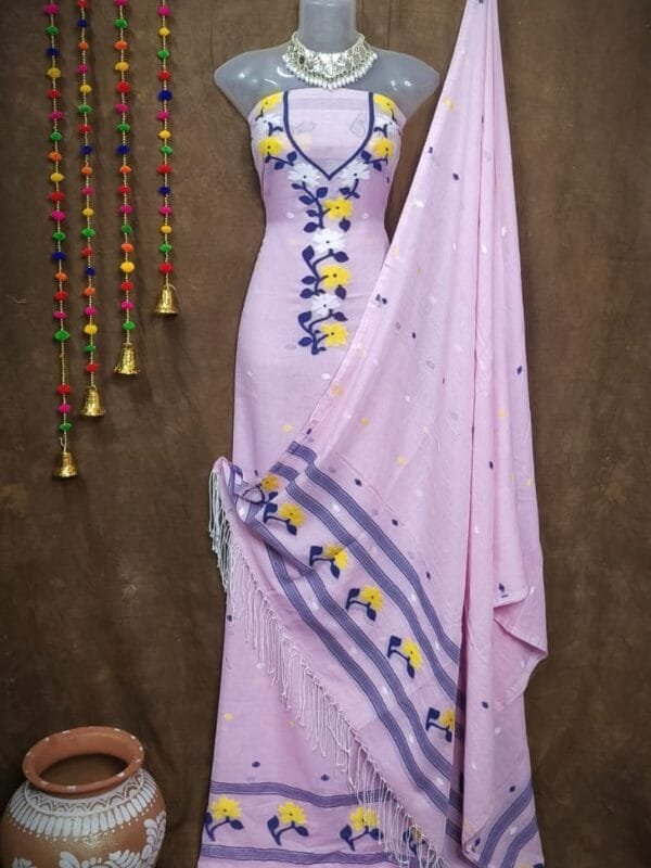 Oleander Pastel Purple Muga Cotton Unstitched Jamdani Suit Set