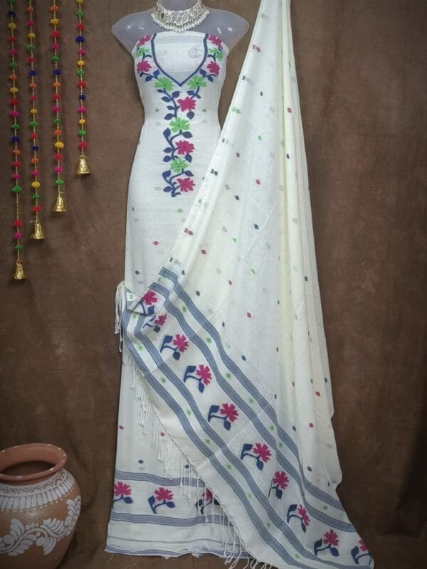 Oleander White Black Muga Cotton Unstitched Jamdani Suit Set