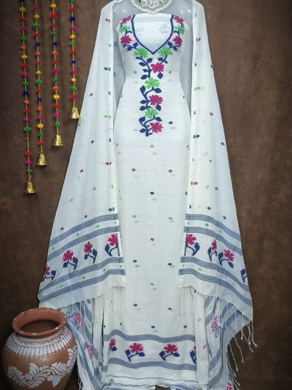 Oleander White Black Muga Cotton Unstitched Jamdani Suit Set