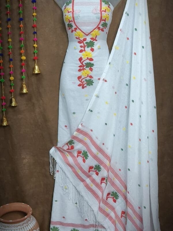 Oleander White Red Muga Cotton Unstitched Jamdani Suit Set