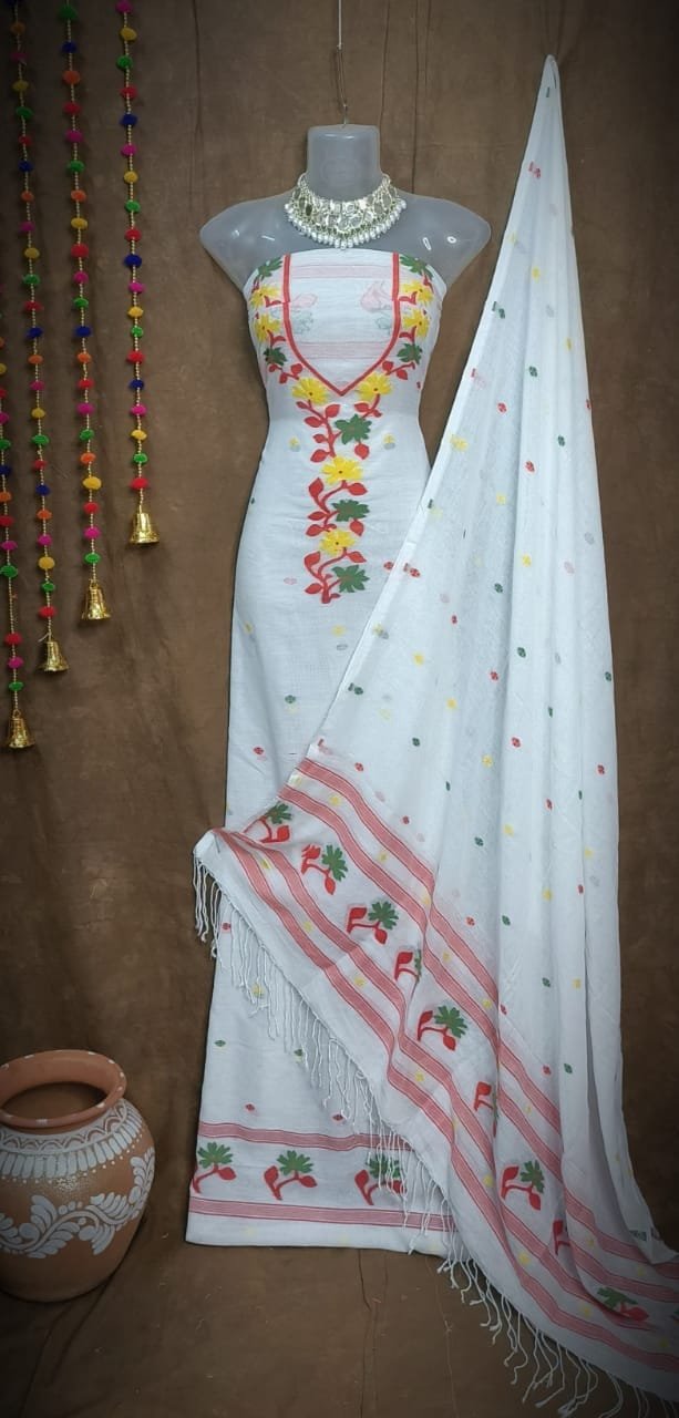 Oleander White Red Muga Cotton Unstitched Jamdani Suit Set Oleander White Red Muga Cotton Unstitched Jamdani Suit Set