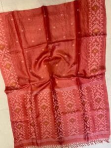 Pale Red Pure Gachi Tussar Handloom Jamdani Saree