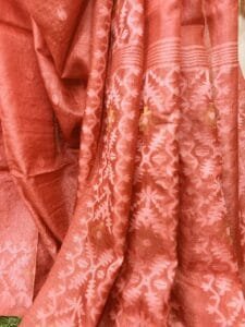 Pale Red Pure Gachi Tussar Handloom Jamdani Saree
