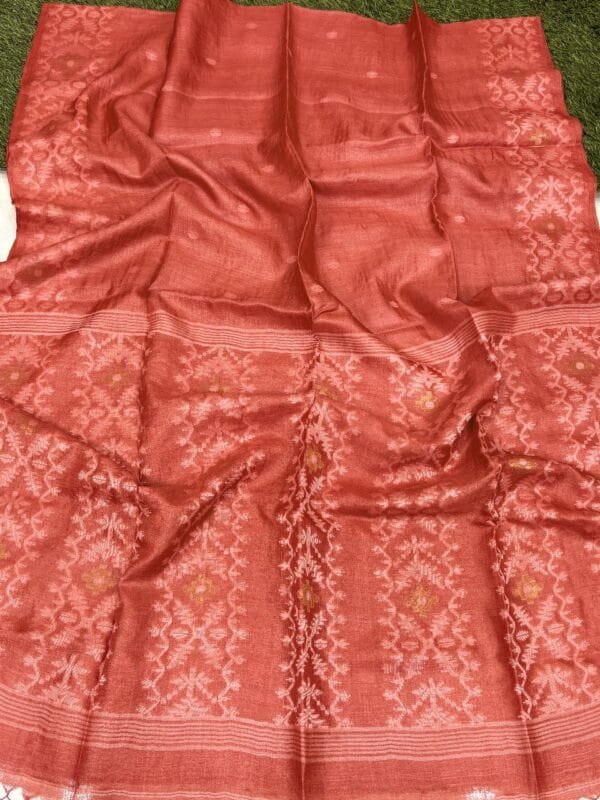 Pale Red Pure Gachi Tussar Handloom Jamdani Saree