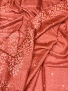 Pale Red Pure Gachi Tussar Handloom Jamdani Saree