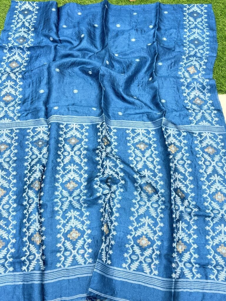 Peacock Blue Pure Gachi Tussar Handloom Jamdani Saree