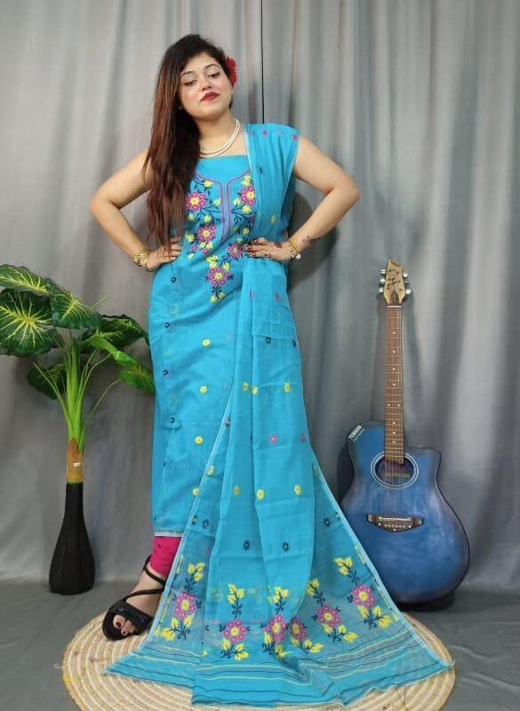 Shiuli Blue Ice Muga Cotton Unstitched Jamdani Suit Set