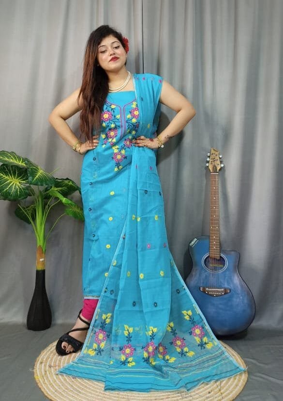 Shiuli Blue Ice Muga Cotton Unstitched Jamdani Suit Set 1 Shiuli Blue Ice Muga Cotton Unstitched Jamdani Suit Set