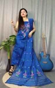 Shiuli Blue Muga Cotton Unstitched Jamdani Suit Set