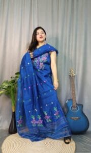 Shiuli Blue Muga Cotton Unstitched Jamdani Suit Set