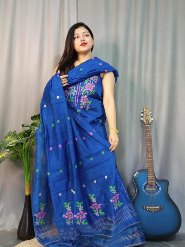Shiuli Blue Muga Cotton Unstitched Jamdani Suit Set