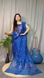 Shiuli Blue Muga Cotton Unstitched Jamdani Suit Set