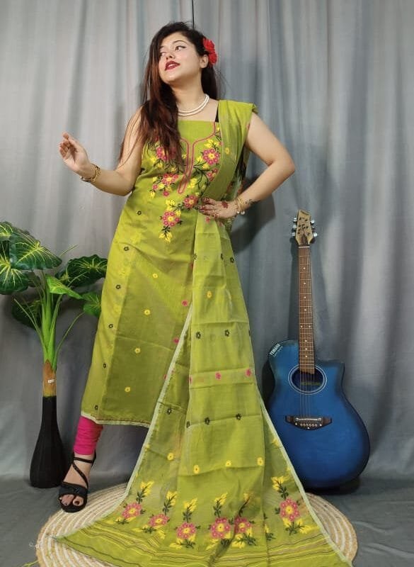 Shiuli Brass Muga Cotton Unstitched Jamdani Suit Set