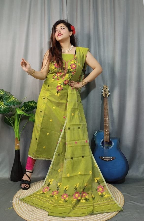 Shiuli Brass Muga Cotton Unstitched Jamdani Suit Set