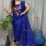 Shiuli Dark Blue Muga Cotton Unstitched Jamdani Suit Set