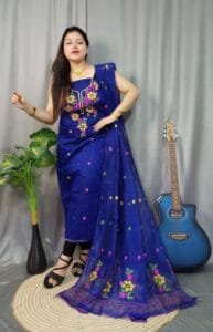 Shiuli Dark Blue Muga Cotton Unstitched Jamdani Suit Set