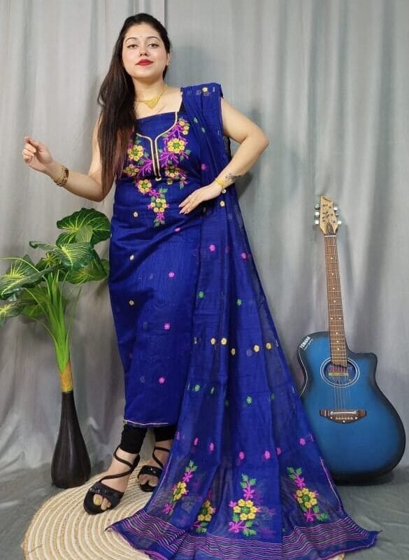 Shiuli Dark Blue Muga Cotton Unstitched Jamdani Suit Set