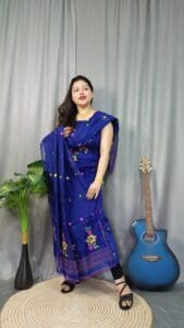 Shiuli Dark Blue Muga Cotton Unstitched Jamdani Suit Set