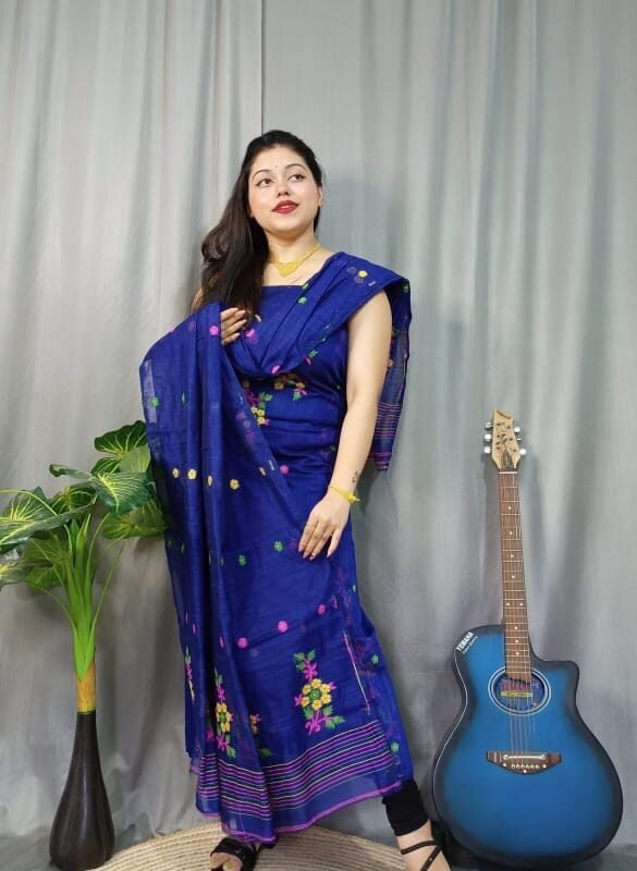 Shiuli Dark Blue Muga Cotton Unstitched Jamdani Suit Set