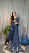 Shiuli Dark Dusk Muga Cotton Unstitched Jamdani Suit Set