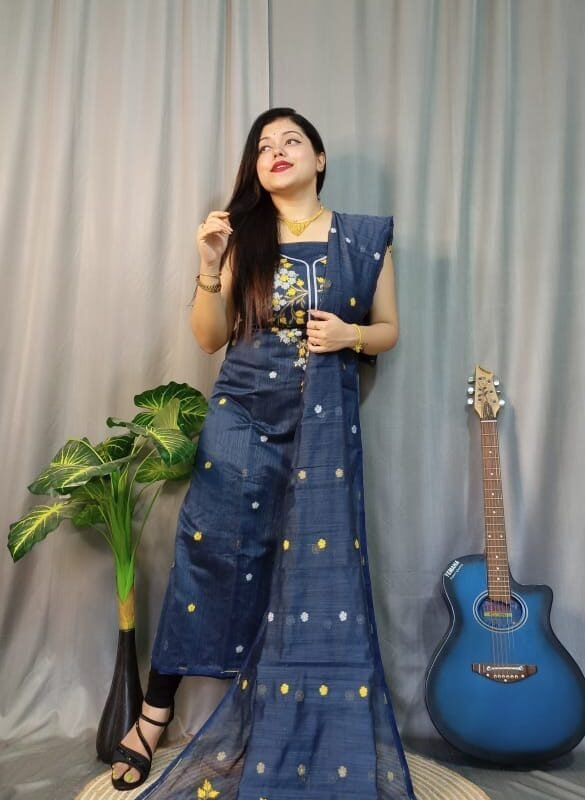 Shiuli Dark Dusk Muga Cotton Unstitched Jamdani Suit Set