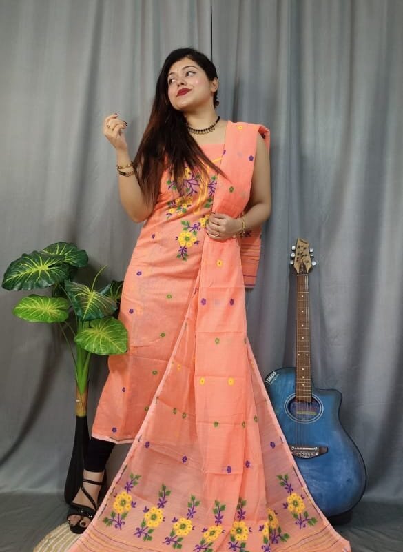 Shiuli Dark Salmon Muga Cotton Unstitched Jamdani Suit Set