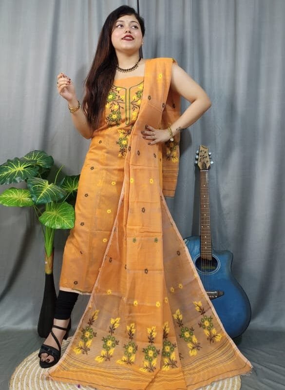 Shiuli Faded Orange Muga Cotton Unstitched Jamdani Suit Set