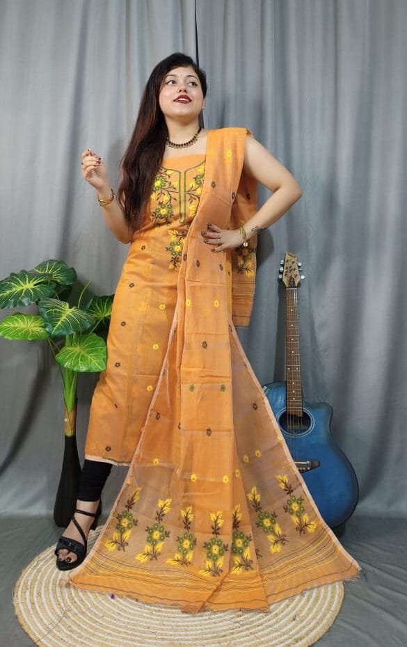 Shiuli Faded Orange Muga Cotton Unstitched Jamdani Suit Set