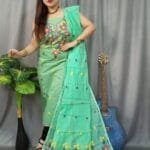 Shiuli Frog Green Muga Cotton Unstitched Jamdani Suit Set