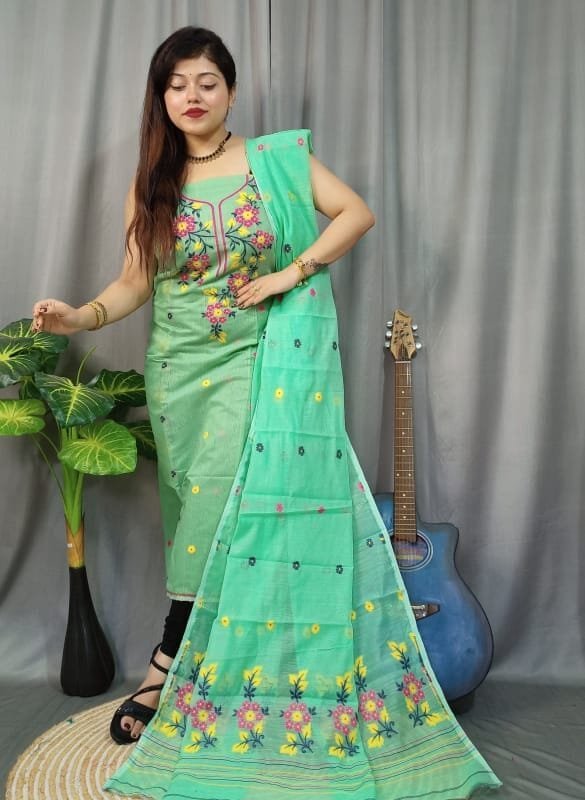 Shiuli Frog Green Muga Cotton Unstitched Jamdani Suit Set