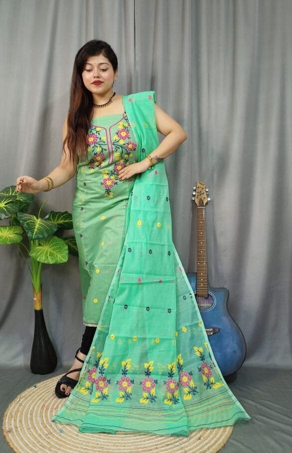 Shiuli Frog Green Muga Cotton Unstitched Jamdani Suit Set 1 Shiuli Frog Green Muga Cotton Unstitched Jamdani Suit Set