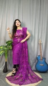 Shiuli Grape Purple Muga Cotton Unstitched Jamdani Suit Set - Image 2