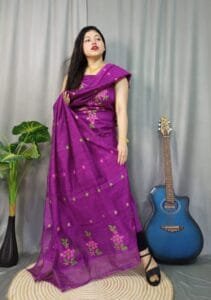 Shiuli Grape Purple Muga Cotton Unstitched Jamdani Suit Set