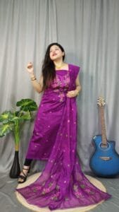 Shiuli Grape Purple Muga Cotton Unstitched Jamdani Suit Set