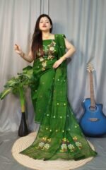 Shiuli Green Leaf Muga Cotton Unstitched Jamdani Suit Set