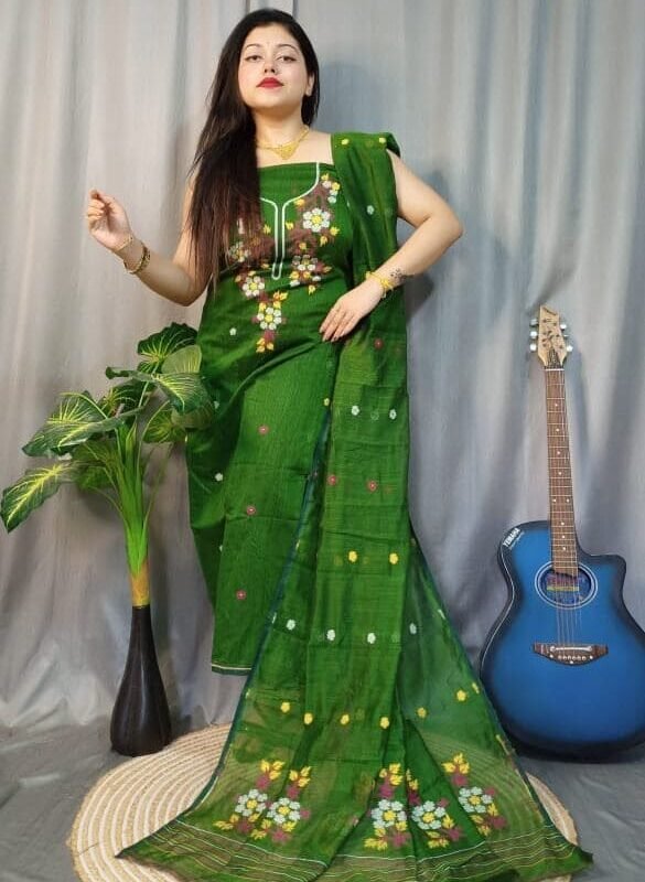 Shiuli Green Leaf Muga Cotton Unstitched Jamdani Suit Set