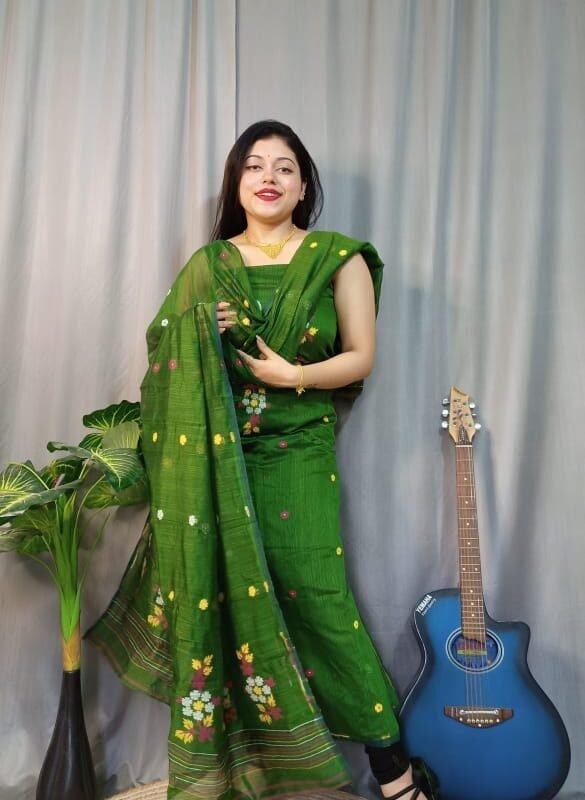 Shiuli Green Leaf Muga Cotton Unstitched Jamdani Suit Set